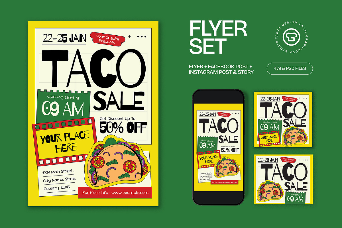 Yellow White Taco Sale Flyer Set, a Flyer Template by graphicook (Photo 2 of 6)