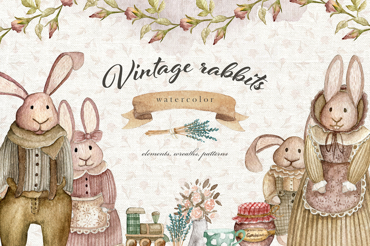 Vintage rabbits. Watercolor set, an Object Graphic by JuliaBadeeva (Photo 1 of 7)