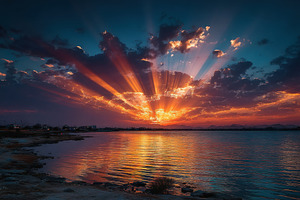 Dramatic sunset over calm coastal water with radiant sunbeams sh, a Nature Photo by José Manuel Gelpi