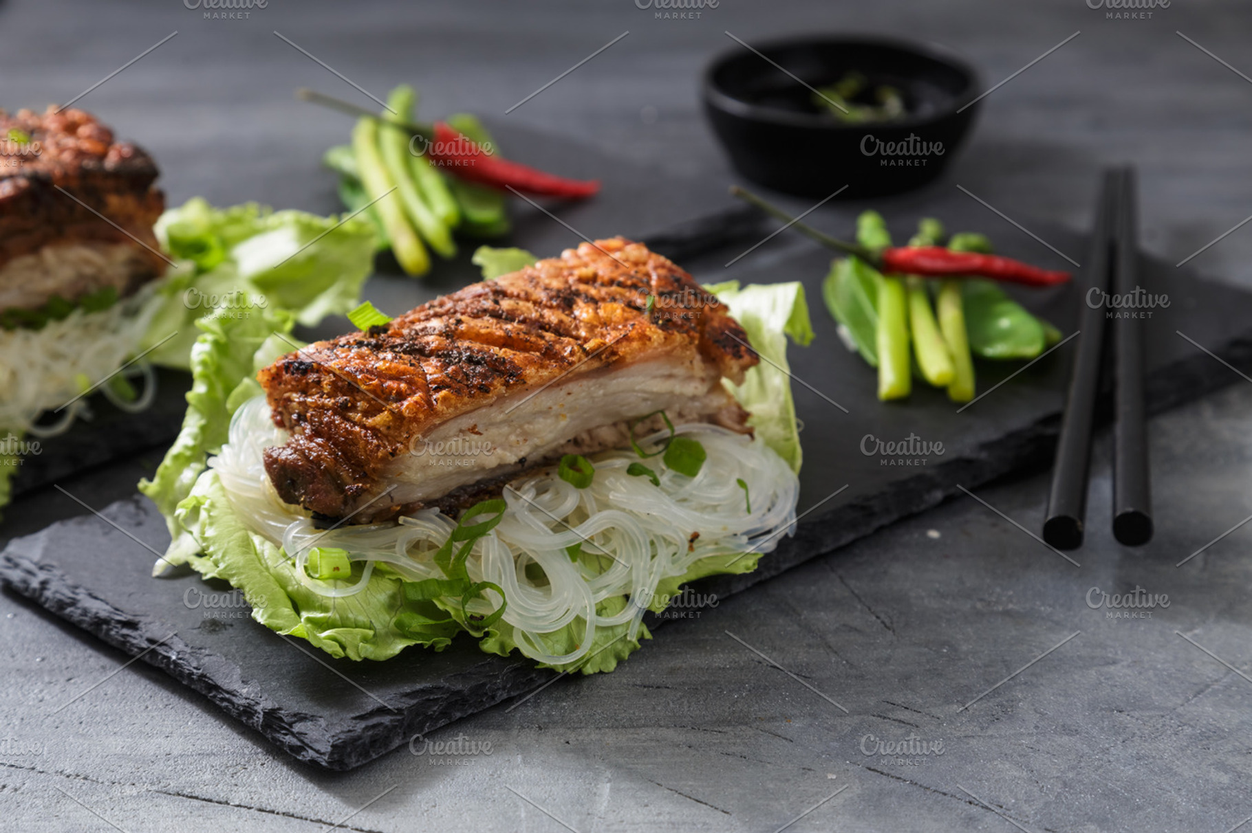Oriental Roast Pork Belly with crispy skin with greens and noodles, a Food & Drink Photo by Konstantin K.