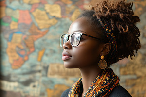 A profile portrait of a young african woman with curly hair, wearing glasses an, a Person Photo by Textures & Backgrounds