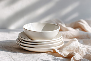 Matte white dishware stacked elegantly in soft light on a neutral table setting, a Photo by AlyaAnd