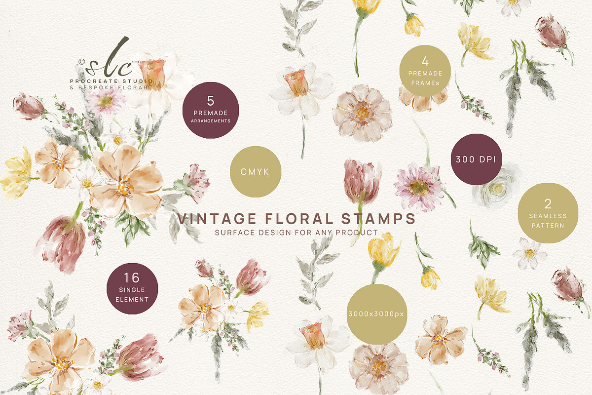 Vintage Floral Stamps Watercolor, a Seasonal Illustration by slowlivecreate (Photo 5 of 6)