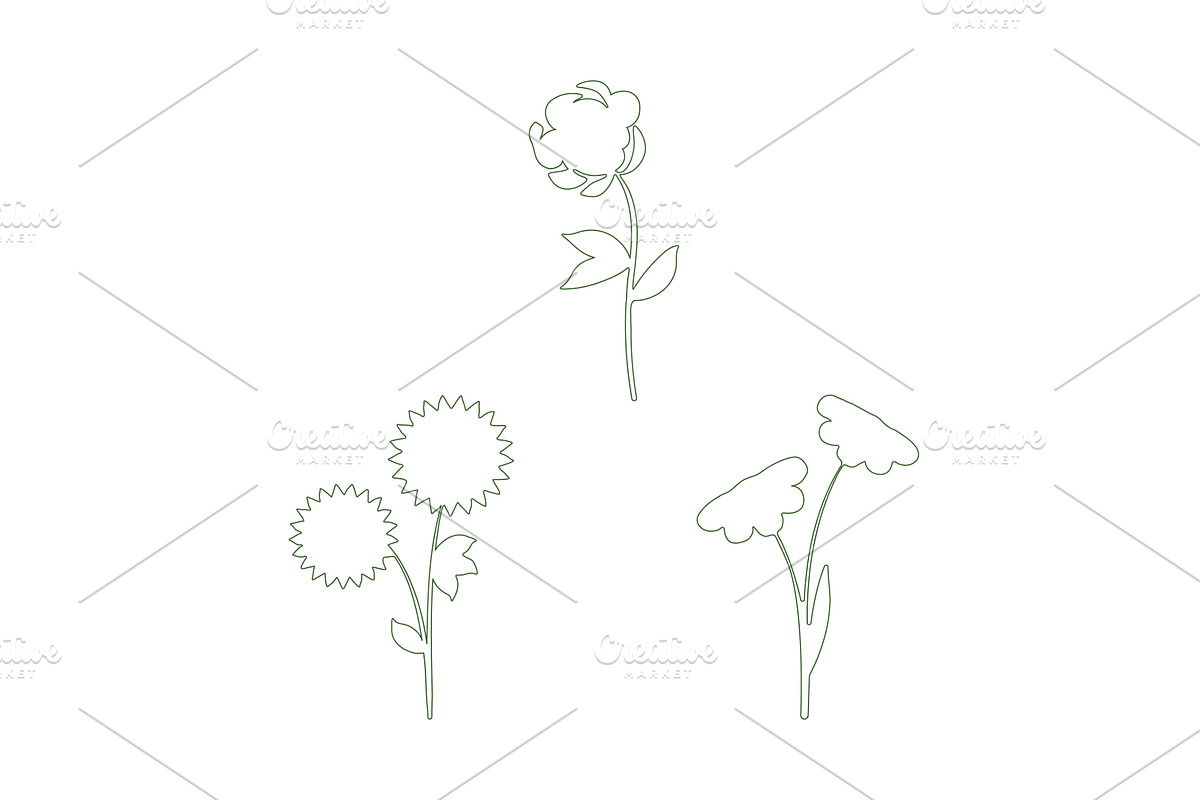 Stylized line art flower trio set, an Object Illustration by okskukuruza