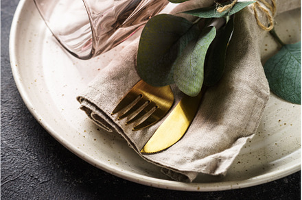 White craft plate, cutlery and green, a Food & Drink Photo by Nadia-nb