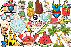 Watercolor Hello Summer Clipart, an Illustration by Canvas Craft