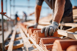 Construction worker placing roof tiles on site, an Industrial Photo by AlyaAnd