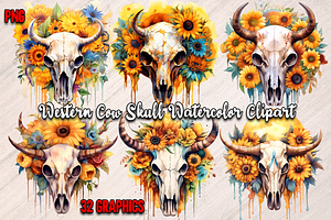 Western Cow Skull Watercolor Clipart