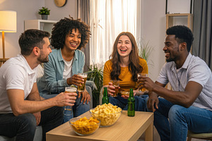 Friends Laughing During Home Gathering, a Photo by Davizro's Market