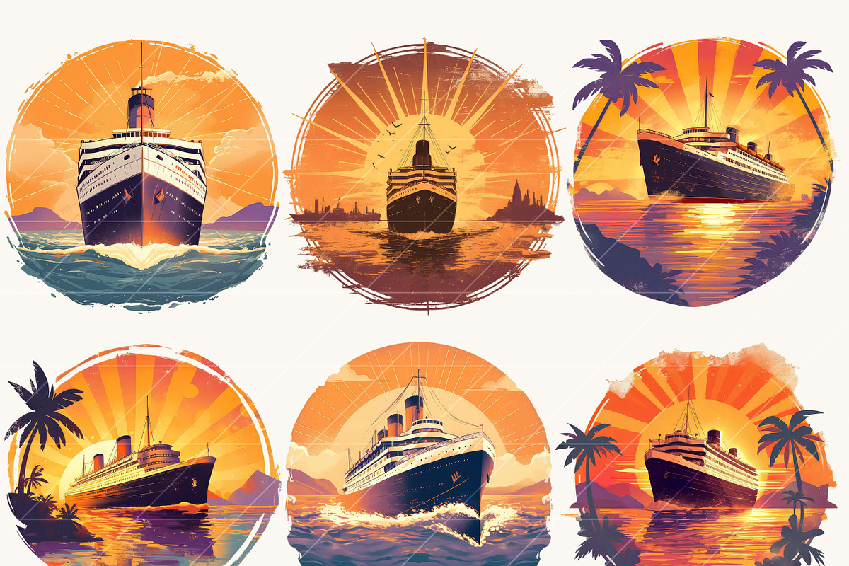 Vintage Cruise Ship Sunset Clipart, a Transportation Illustration by BusyDaydesign (Photo 6 of 9)
