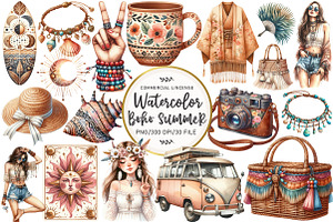 Watercolor Boho Summer Clipart, an Illustration by OK Design