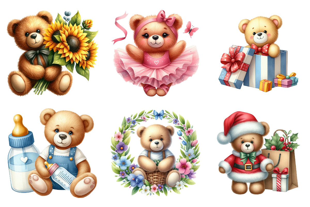 Watercolor Teddy Bear Clipart, an Illustration by SinaCreation (Photo 3 of 5)
