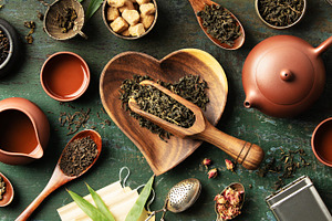 Tea Ingredients and Teaware with Heart-Shaped Bowl on Rustic Bac, a Food & Drink Photo by Natalia Klenova's Shop