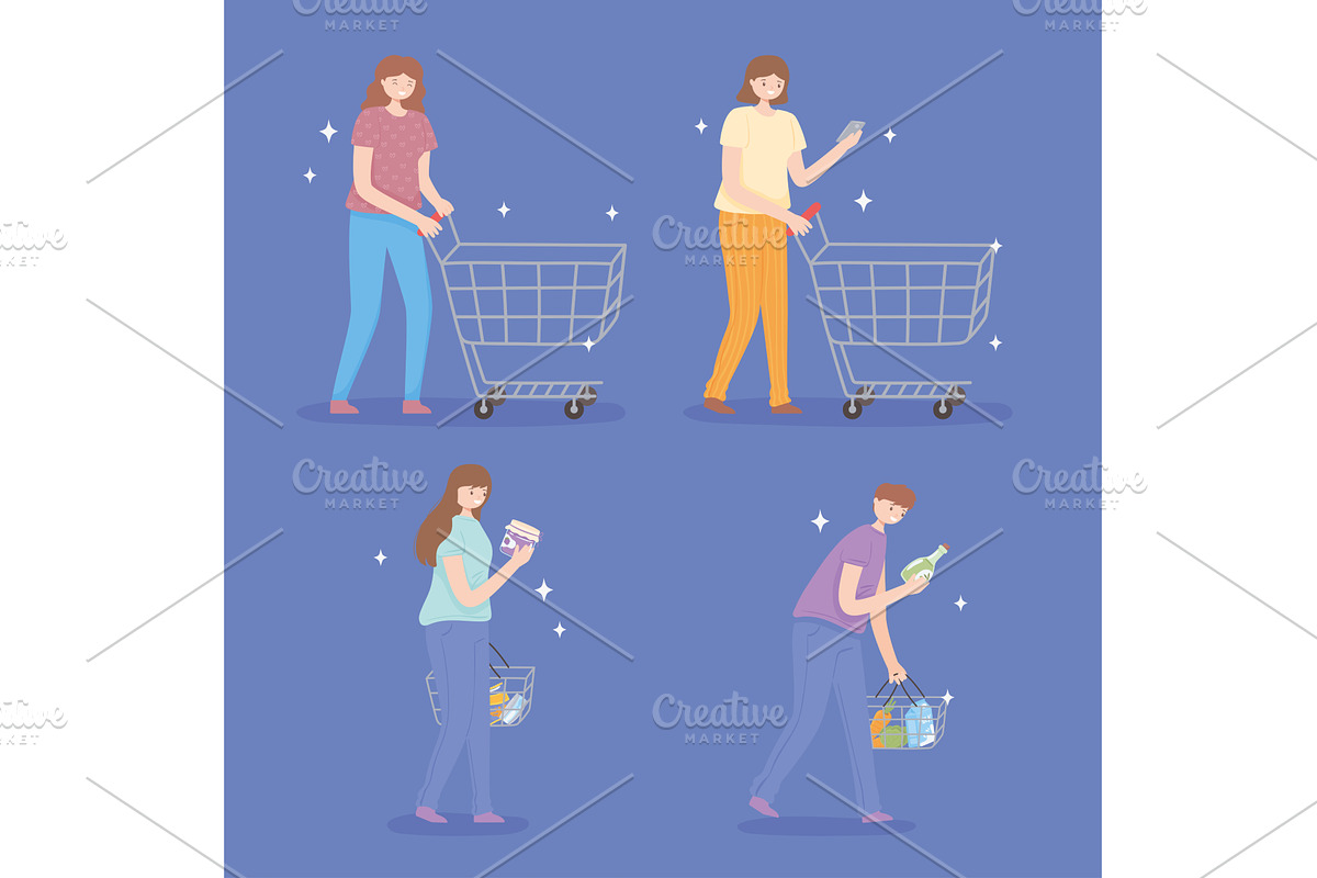 people with shopping basket, a Food Illustration by studiogstock