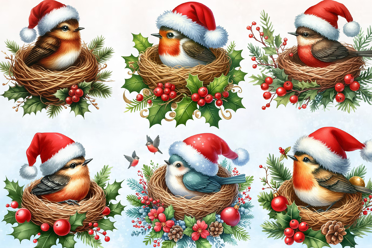Christmas Bird Nest Clipart Bundle, a Seasonal Illustration by Rose Art (Photo 3 of 7)