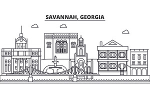 Savannah, Georgia Architecture Line Skyline Illustration. Linear Vector Cityscape With Famous Landmarks, City Sights, Design Icons. Landscape Wtih Edi