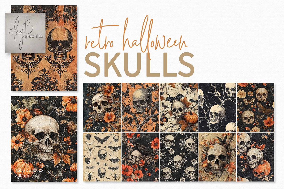 Retro Halloween Skulls, a Decorative Illustration by rileyBgraphics (Photo 1 of 7)