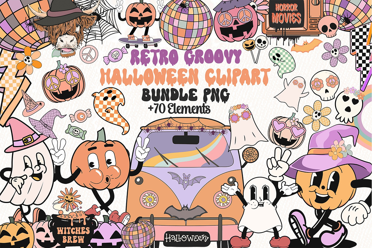 Retro Groovy Halloween Clipart Bundle