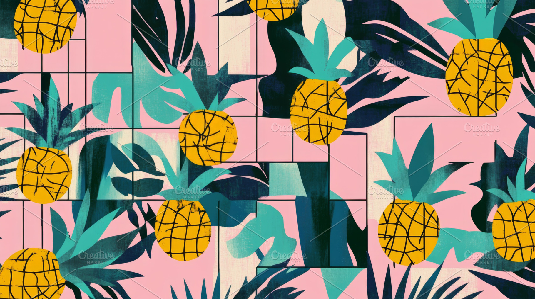 Colorful Pineapple and Leaf Pattern on Pink Background, an Abstract Photo by Natalia Klenova's Shop