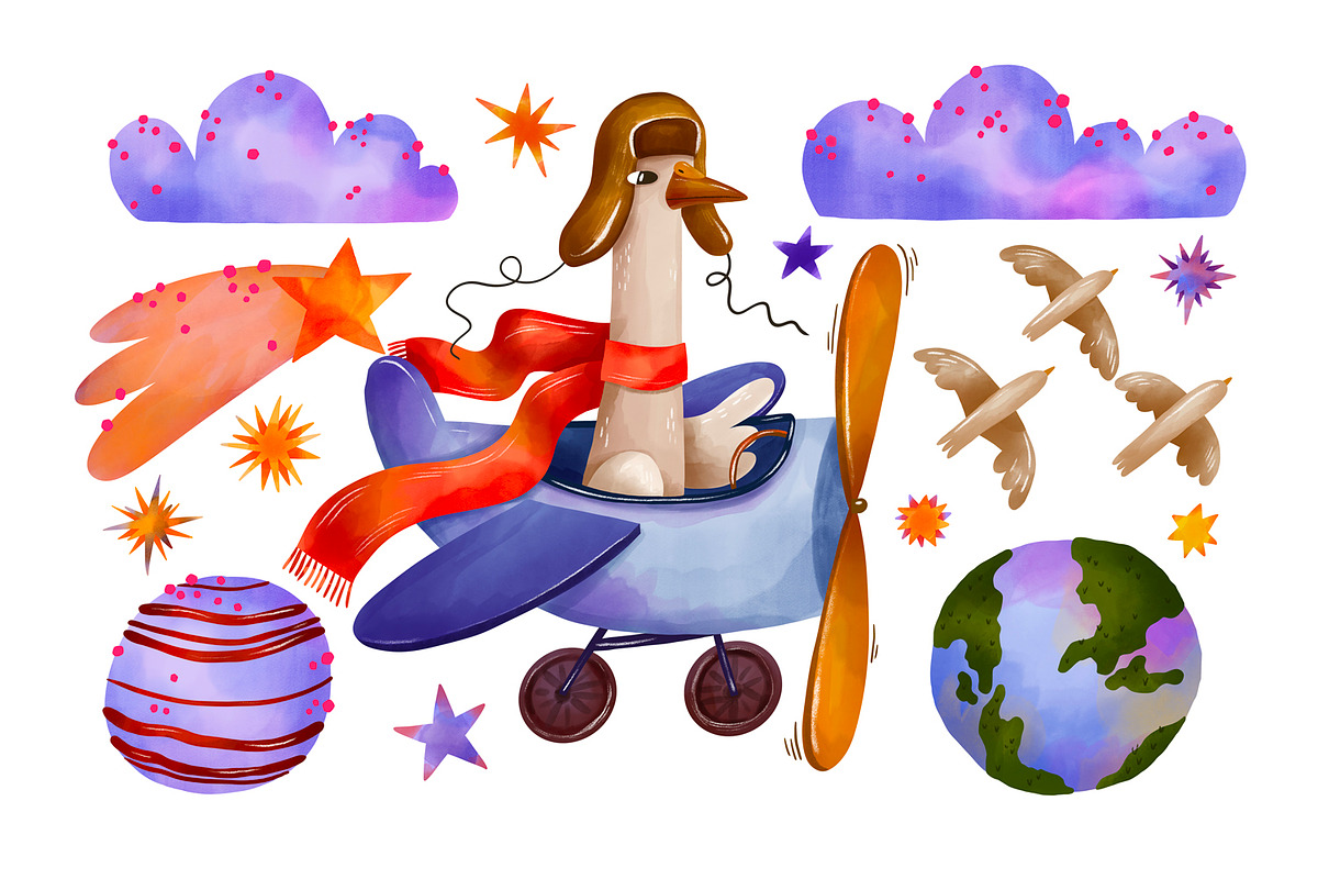 Watercolor Goose Pilot Clipart Set, a Transportation Illustration by the_myro (Photo 1 of 6)