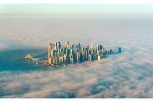 Aerial view of doha through the morning fog qatar the persian gulf stock, a Transportation Photo by Leonid Andronov