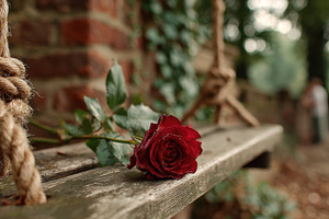 Red rose on rustic wooden swing roma, a Photo by Pixeness Studio