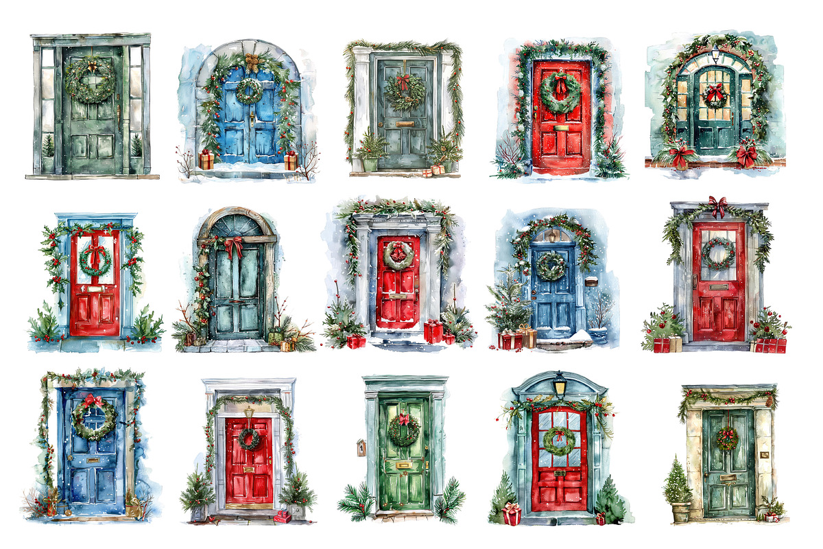 Watercolor Christmas doors PNG, a Seasonal Illustration by dashtik (Photo 5 of 7)