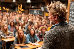 Lecture in a crowded classroom with professor speaking to attentive students, a Photo by AS photostudio