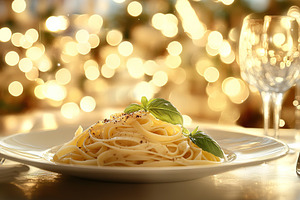 Fettuccine pasta with truffle served in a cozy restaurant setting for an elegan, a Food & Drink Photo by AlyaAnd