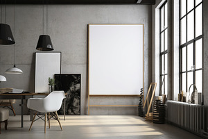 Minimalist home interior with wooden chair, desk, and blank fram, a Photo by Dvoevnore photos