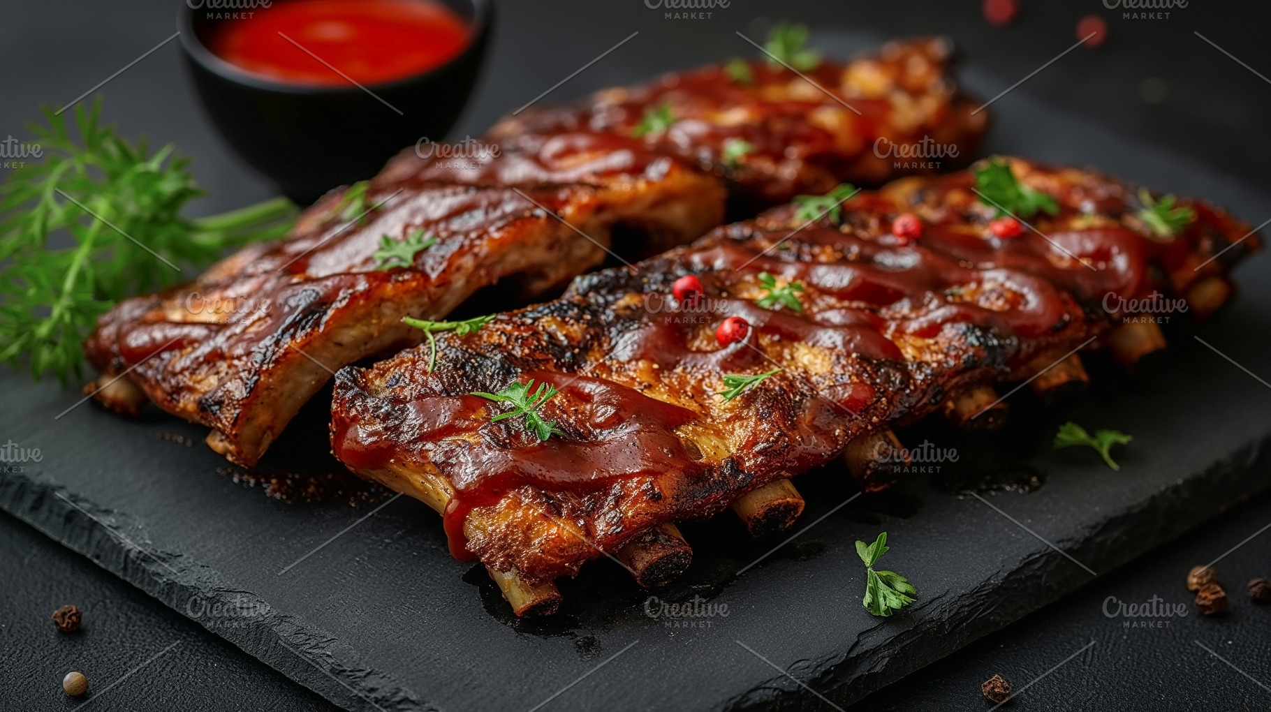 Deliciously glazed pork ribs served on a slate platter with fres, a Food & Drink Photo by ImageMir