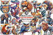 Watercolor Folk Art Animals Clipart, an Illustration by Canvas Craft (Thumbnail 1 of 8)