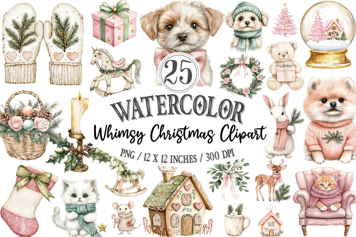 Watercolor Whimsy Christmas Clipart, a Seasonal Illustration by Designking (Photo 1 of 4)