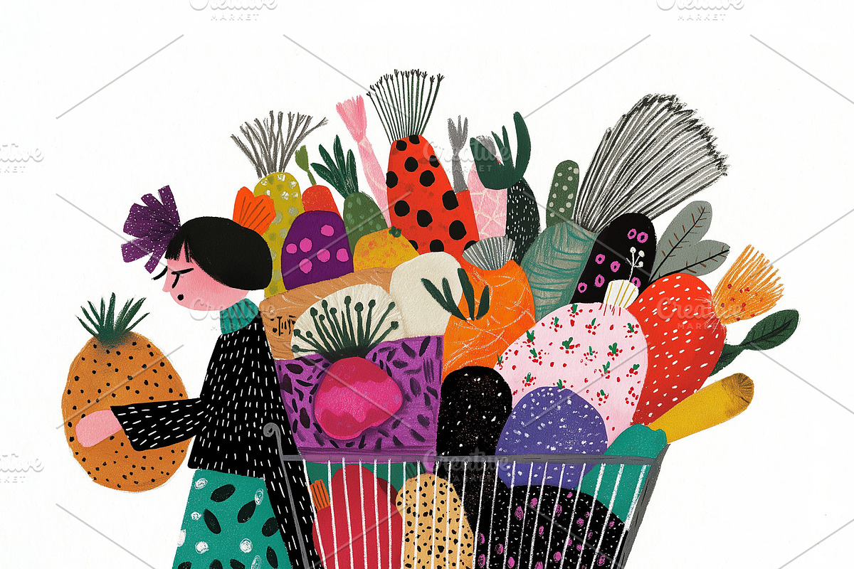 Tired woman next to a shopping cart, a Food Illustration by Sybillla