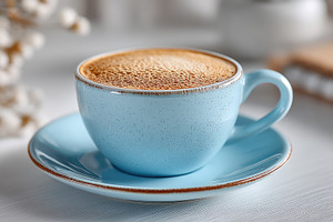 Minimal Blue Coffee Cup with Creamy Foam on Saucer in Soft Neutr, a Food & Drink Photo by José Manuel Gelpi