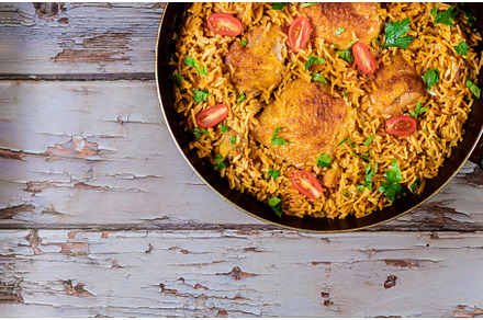 Fried rice chicken with green, a Food & Drink Photo by Ungvar Studio