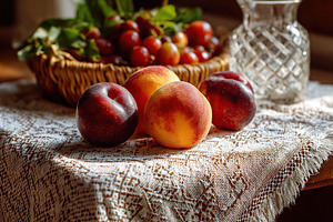 Late summer fruits displayed on a rustic kitchen table with a woven basket of g, a Food & Drink Photo by AlyaAnd