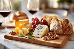 Artisan bread and assorted cheeses with rosemary and wine in a cozy setting, a Photo by AlyaAnd