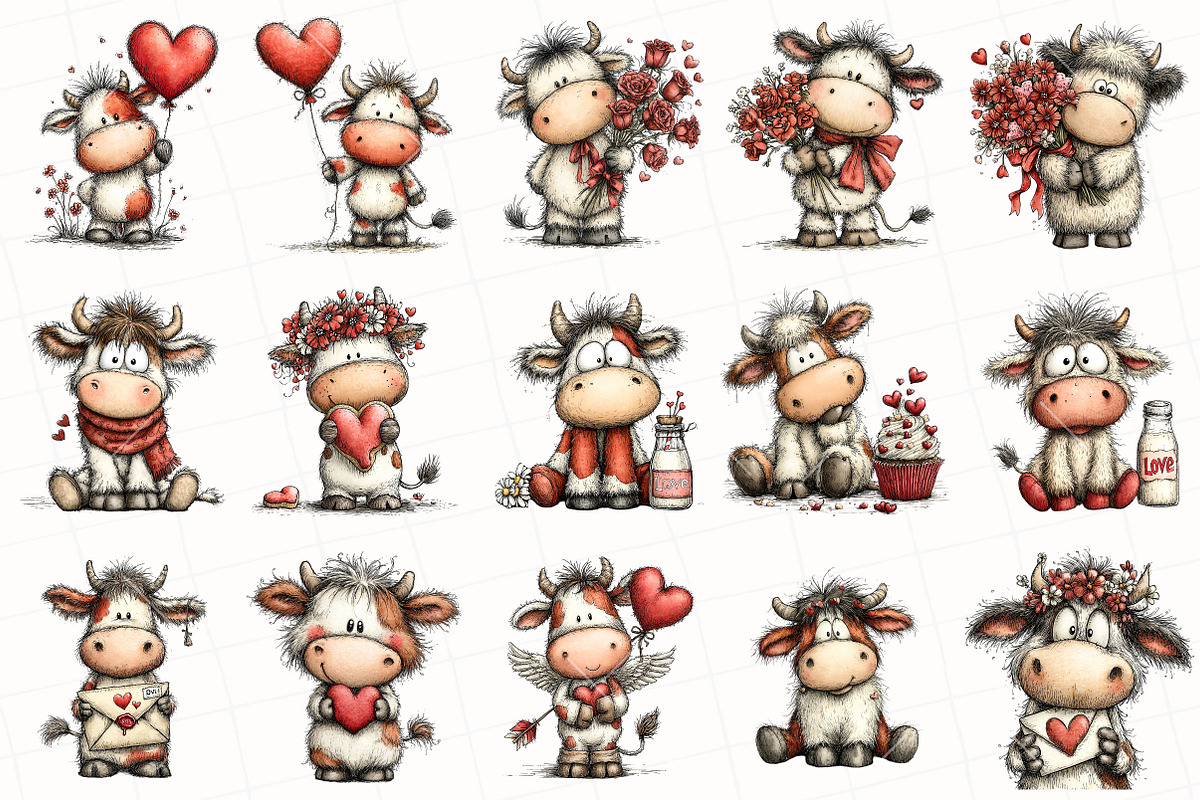 Whimsical Valentine Cow Clipart, an Illustration by OK Design (Photo 3 of 6)