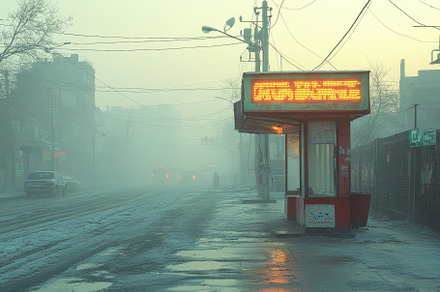 Foggy morning at a bus stop in a qui, a Photo by Tanuart