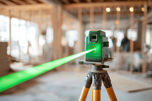A green laser level is set up on a tripod, projecting a beam in a busy construc, an Industrial Photo by AlyaAnd