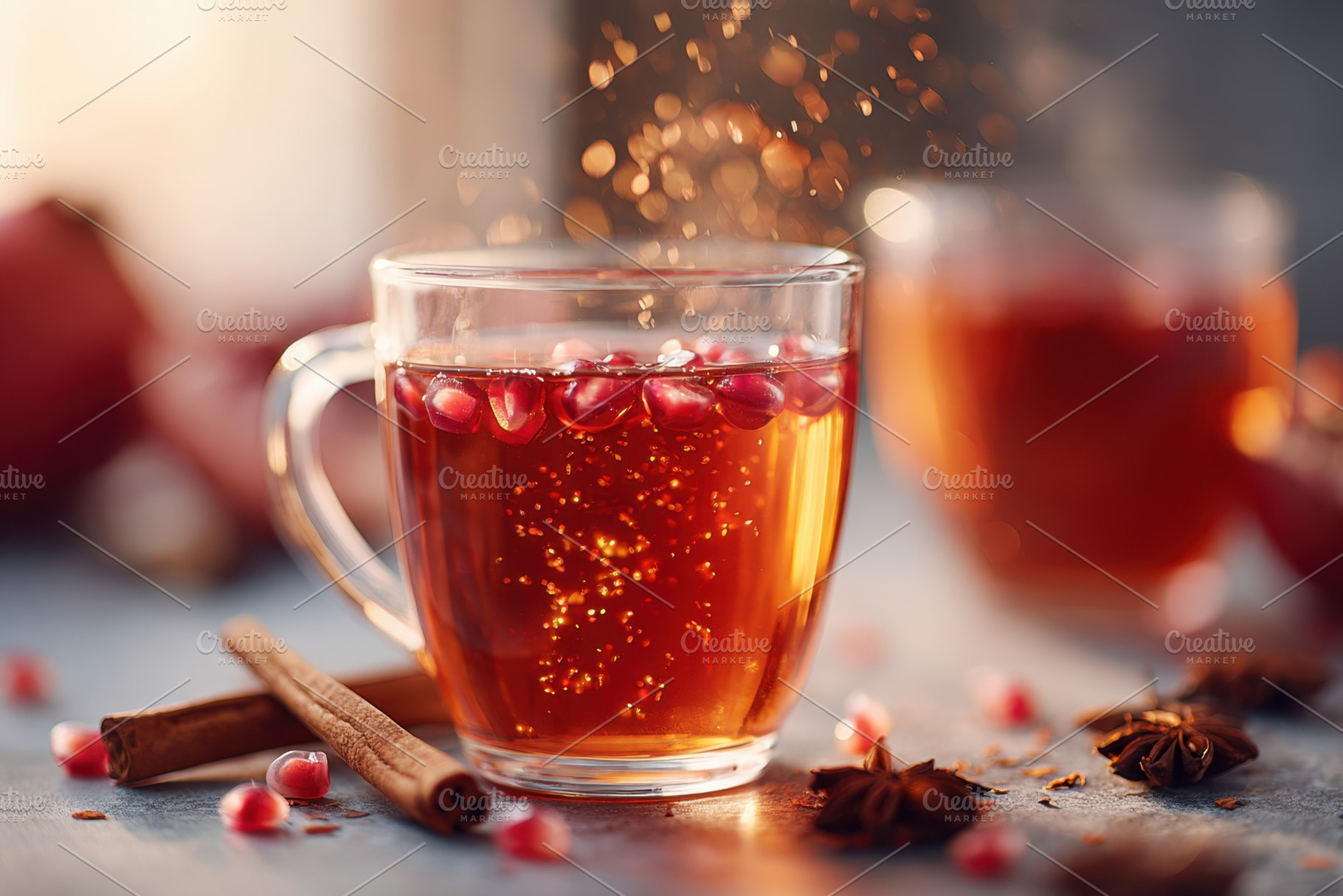 Cozy pomegranate spice beverage in glass cup, a Food & Drink Photo by AlyaAnd