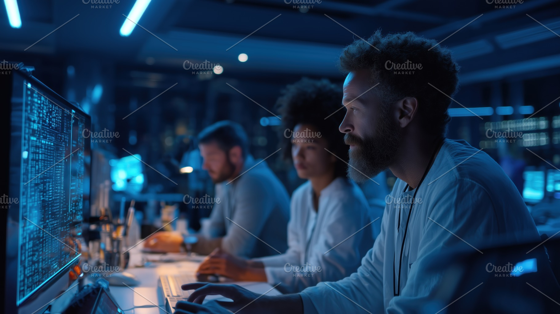 A group of diverse professionals working intently at computers in a high-tech e, a Person Photo by Textures & Backgrounds