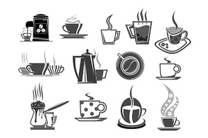 Cafe Cafeteria Coffee Cups And Beans Vector Icons