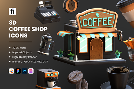 3D Coffee Shop Icons, a Food & Drink 3D Model by Flat Icons