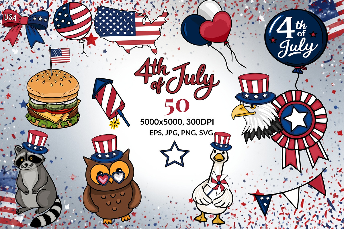50 4th of July Clipart Set, a Seasonal Illustration by Elatedowl (Photo 1 of 6)