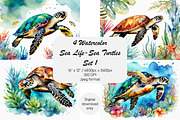 Watercolor Sea Life, Turtles Set 1, an Animal Illustration by Kat's Artful Creations (Thumbnail 1 of 9)