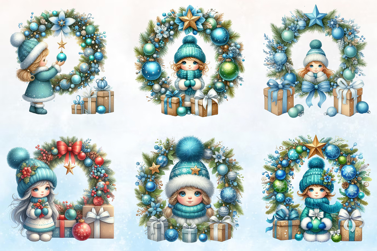Whimsical Blue Girl Christmas Clipa, a Seasonal Illustration by Rose Art (Photo 2 of 5)