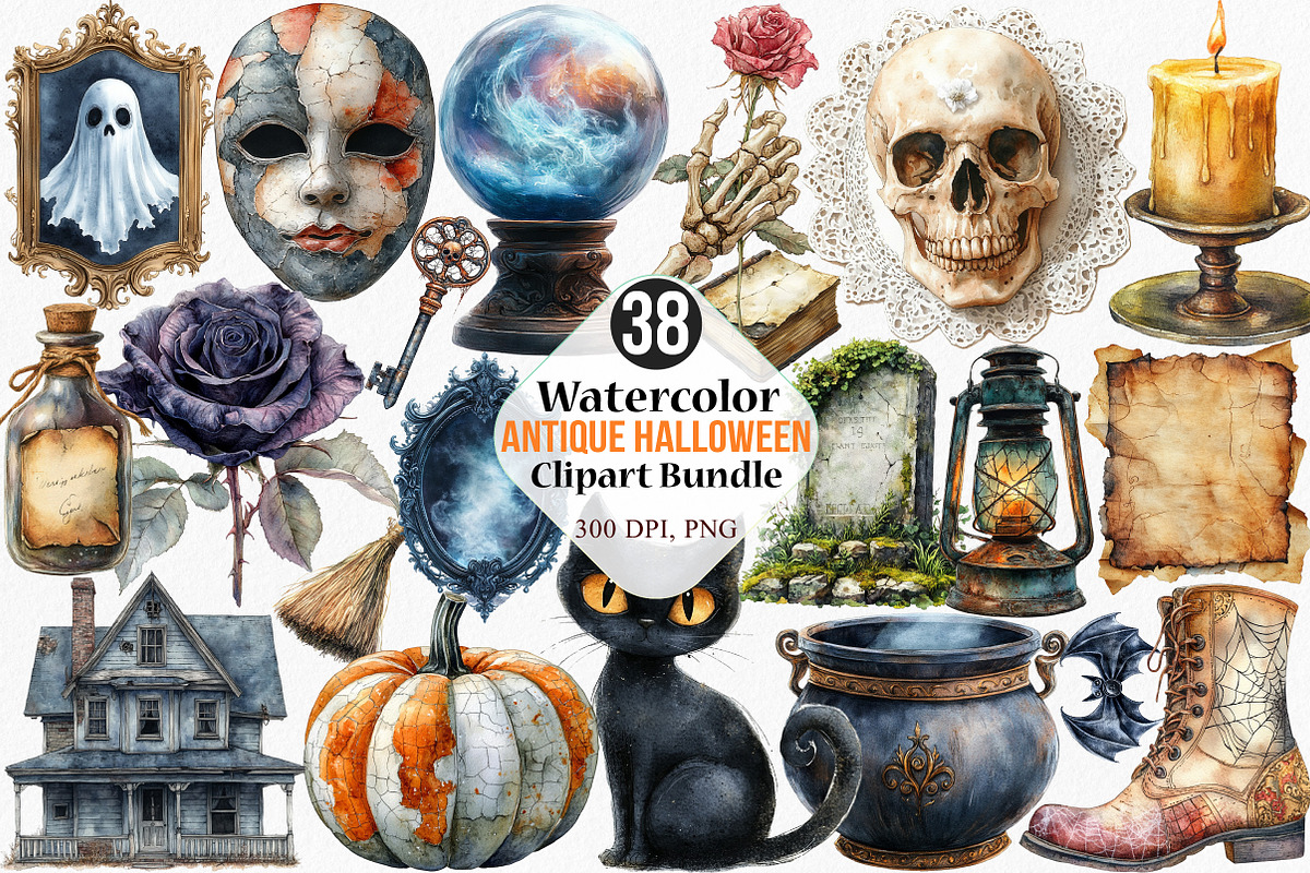 Watercolor Antique Halloween Clipart, an Illustration by Canvas Craft (Photo 1 of 7)