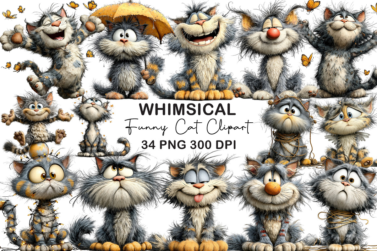 Whimsical Funny Cat Clipart, an Illustration by CraftArtStudio (Photo 1 of 6)